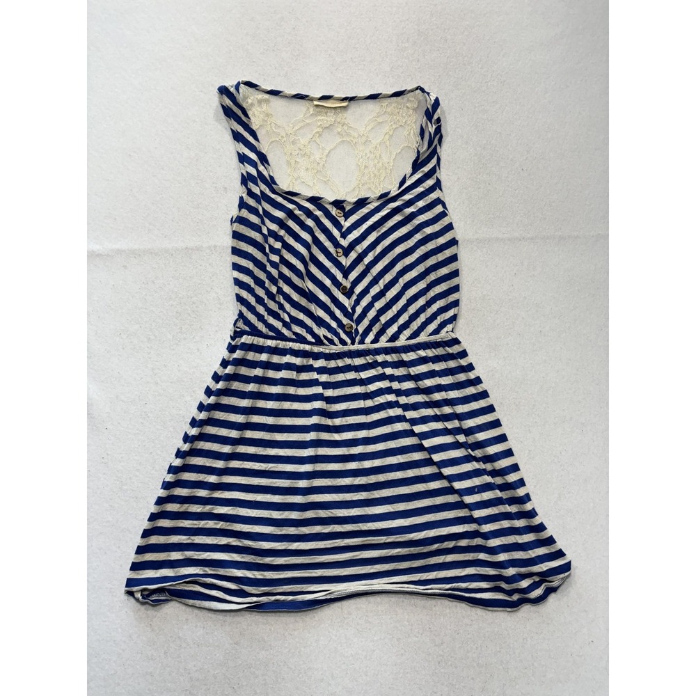 Pearl Blue Stripe Scoop Neck Lace Back Button Fit Flare Sundress Womens Small